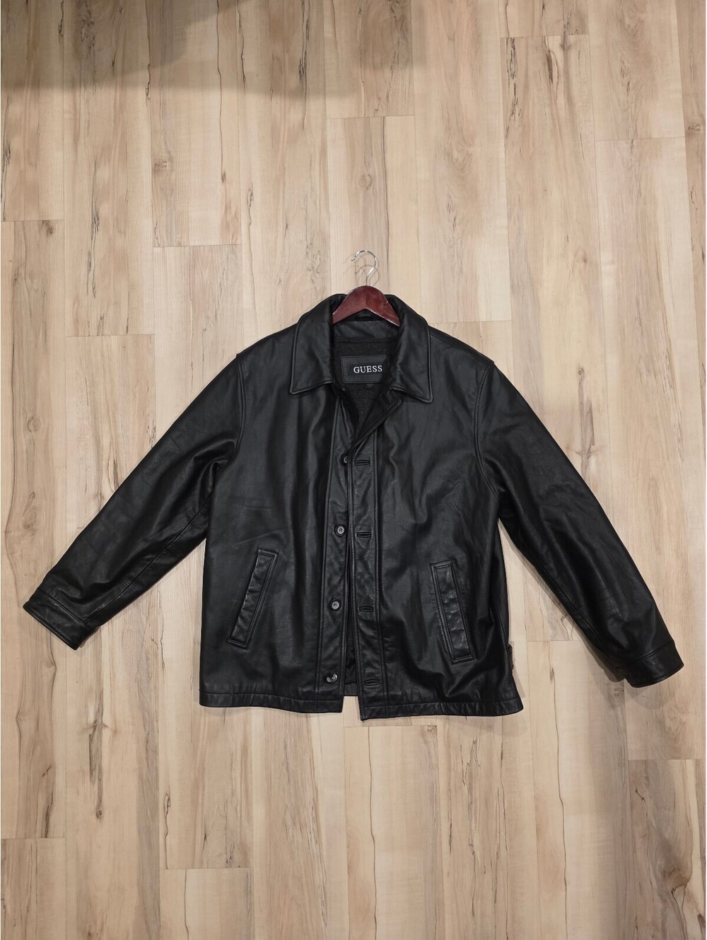 90's vintage Guess Men's Black Leather Jacket Large